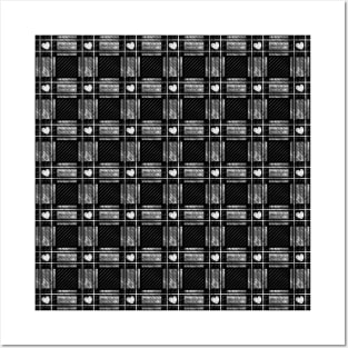 White Heart Dark Plaid Pattern Posters and Art